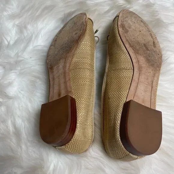 Sam Edelman leather tan and beige Rafia slip on flats bow accent size 8 - Picture 9 of 10